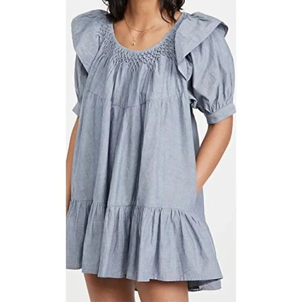 Free People Amelie Mini Denim Chambray Dress Size Small Cowgirl Western Boho - Picture 4 of 8